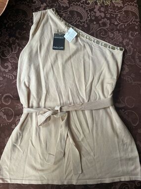 Dolce Cabo One-Shoulder Beige Blush Belted Top Blouse with Jewel Trim size XL